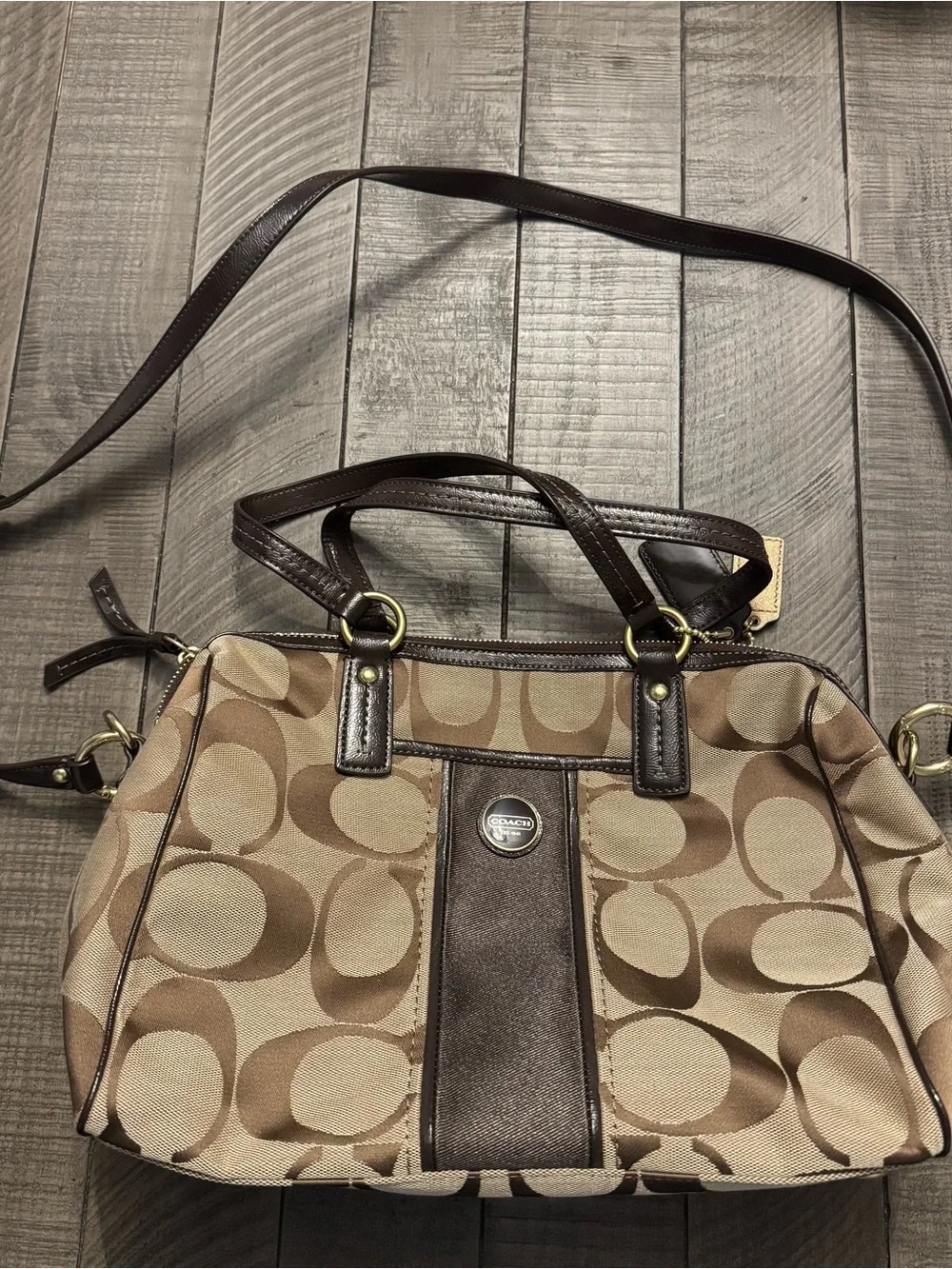 Coach Signature Canvas Shoulder Bag in Tan and Brown